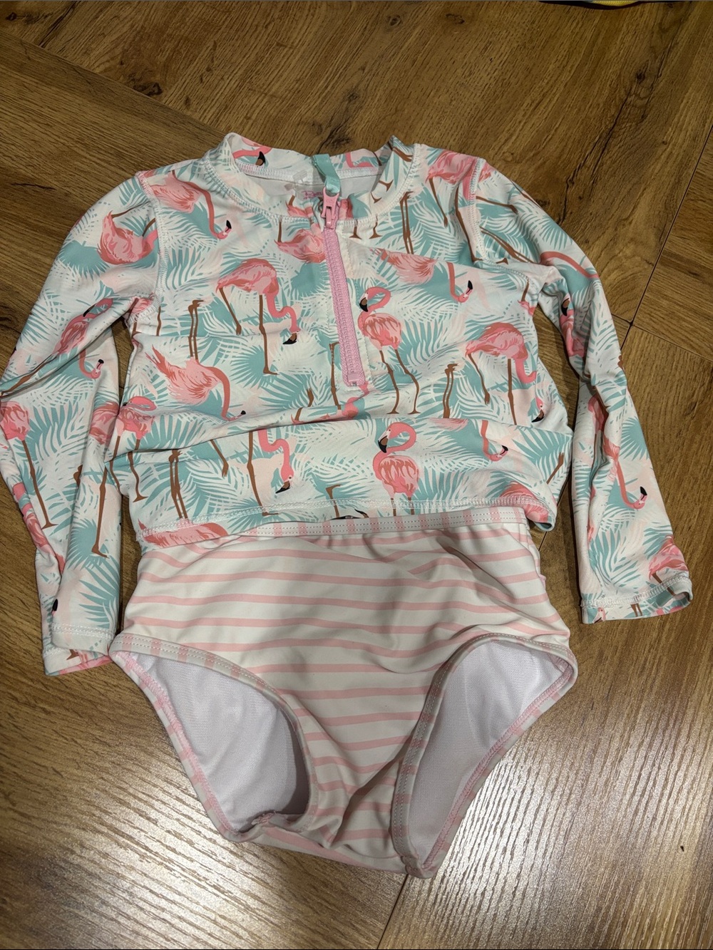 Ruffle Butts Pink Flamingo Long-Sleeve Rashguard Swim Set